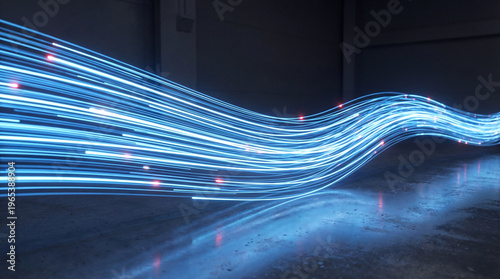 Foto Abstract blue light trails flowing dynamically across a dark reflective surface, symbolizing digital data transfer