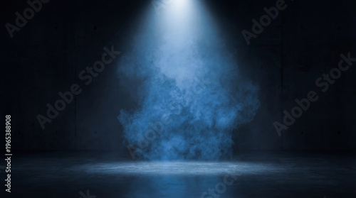 Foto Mysterious blue spotlight illuminates a billowing cloud of smoke against a textured concrete wall photograph