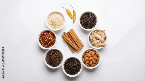 Overhead view of assorted spices including almonds, cinnamon sticks, black peppercorns, and red chili flakes in small bowls, black pepper, spice mix