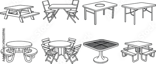 Outdoor picnic tables and garden furniture icons set with park benches patio seating arrangements for exterior design landscaping and backyard