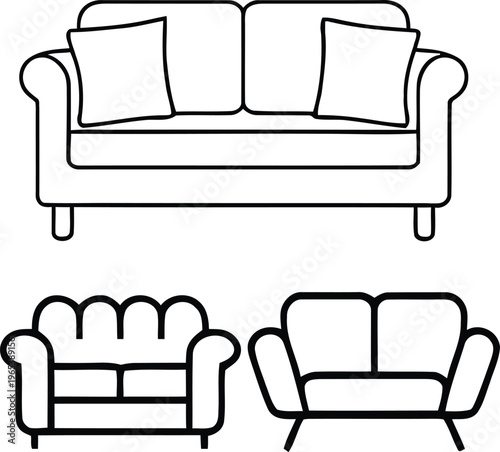 Line drawings of a sofa and two armchairs in different styles