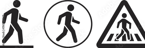 Pedestrian crossing sign icons set with walking man silhouette in circle and triangle frames for road safety traffic and navigation