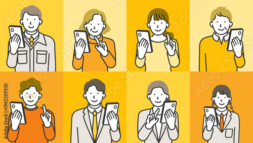 シニア・社会人・制服学生の老若男女がスマートフォンを操作する笑顔の線画イラストセット