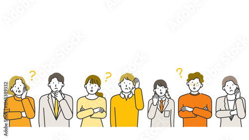 コピースペースあり・シニア・社会人・制服学生の老若男女が悩む・疑問に思う横型バナー線画イラスト