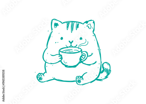 Hand Drawn Cute Chubby Cat Drinking Hot Coffee or Tea, Minimalist Vector Doodle Illustration of Kawaii Kitten Holding a Steaming Mug