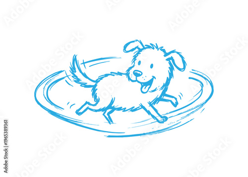 Happy Puppy Running in Circles Having Zoomies, Hand Drawn Vector Doodle of Energetic Dog Playing, Blue Minimalist Sketch of Scruffy Little Mutt