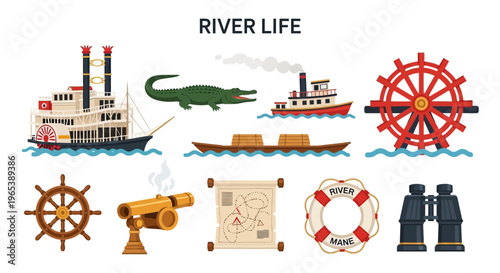 flat illustration about River Life and Transportation Icons Set.