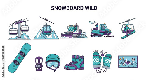 Snowboard wild winter sports equipment icons.