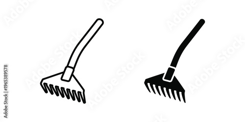 Two garden rakes with different handle and tine designs shown side by side