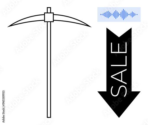 Digital mining. Digital mining tools and audio waveform references to mining technology. Digital mining concepts for cryptocurrency, gaming, blockchain, software, and data analysis