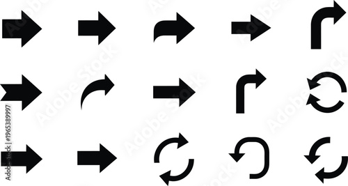 Collection of various black arrow icons on white background
