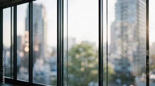 Modern office window with a blurred view of the city skyline and bokeh lights.