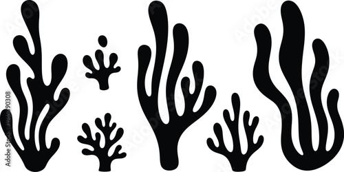 Black silhouettes of various coral reef formations on white background