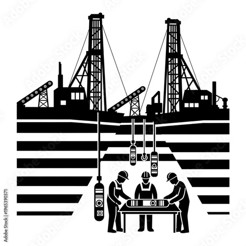 Oil drilling operation with workers and drilling rigs illustration.