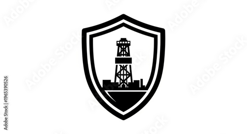 Oil Rig Derrick Silhouette Inside Shield Emblem for Energy Industry.