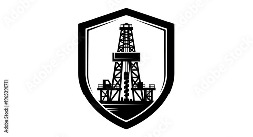 Oil Rig Silhouette in Shield Emblem - Energy Industry Icon.