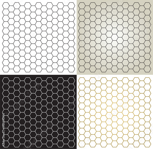 4 Motifs en nid d’abeilles hexagonal - fond géométrique alvéoles minimaliste en noir et blanc et doré - vecteur