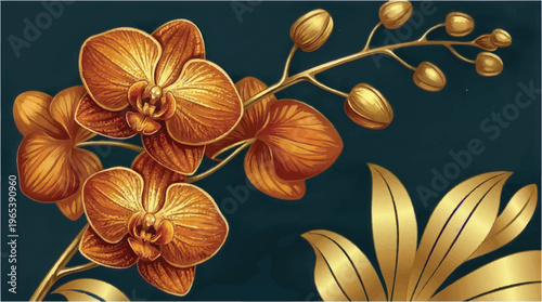 Rich bronze orchid branch with golden details on dark teal background, luxurious botanical art