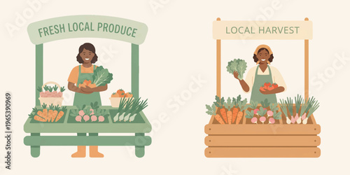 Fresh Local Produce Market Stall Vendor Woman Selling Vegetables Carrots Radish Onion Farm Stand Illustration