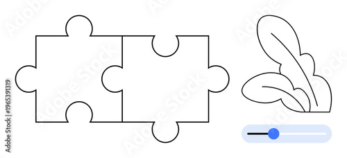 Problem-solving, growth, customization, innovation, adaptability, user interface. Two connected puzzle pieces, plant leaves and a blue adjustment slider. Problem-solving and growth concept