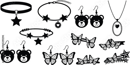 Black and white vector jewelry set featuring butterfly earrings, teddy bear studs, star necklaces, bracelets, and hair clips for fashion accessory design.