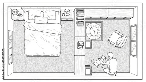 Conceptual floor plan design for a comfortable modern home, showcasing a bedroom and a relaxed living area with a pet owner and dog