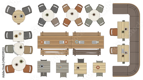 Top-down view of diverse cafe and restaurant furniture arrangements for interior design layouts and architectural planning