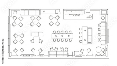 Detailed Architectural Blueprint Illustration for a Modern Restaurant or Bar Layout Design
