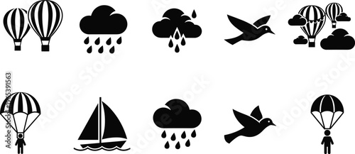 Black and white weather and outdoor activity icons featuring rain clouds, hot air balloons, birds, sailboats, and paragliders on white background
