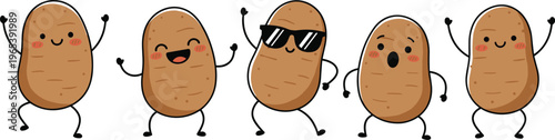 Cute potato cartoon character set featuring happy smiling dancing and cool potato mascots with sunglasses for food marketing organic farming and healthy kids nutrition.