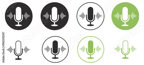 Professional podcast microphone and audio sound wave icon set featuring minimalist studio mic designs in green and black circular flat vector styles for modern media branding.