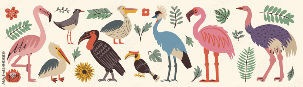 Obraz premium Exotic african birds set. Vector collection with animals, flamingo and ostrich, pelican and hornbill, tropical leaves and flowers. Hand drawn elements.