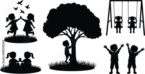 Black silhouettes of children playing in park featuring tree climbing, swing set, jumping boys, and girls on grass for childhood theme