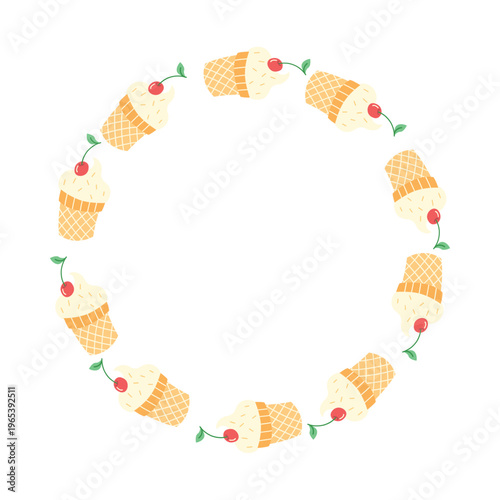 Ice cream cone wreath flat hand-drawn vector dessert circular border menu card decoration