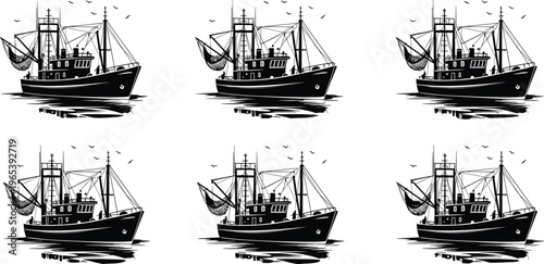Commercial fishing boat trawler silhouettes with nets and seagulls set on white background for industrial sea transport and marine industry design