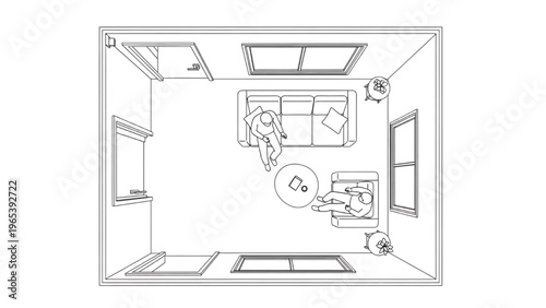 Overhead Concept Drawing of a Modern Living Room Layout with Two People Relaxing in a Home Interior
