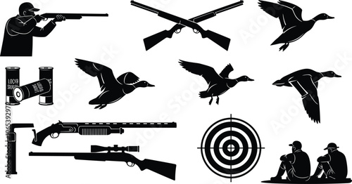 Duck hunting and sport shooting black silhouettes featuring hunter with shotgun, rifles, flying ducks, target, and ammunition on white background