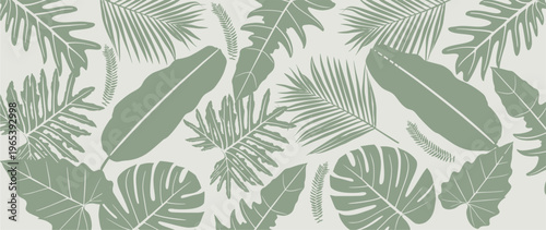 Tropical leaves background vector. Natural jungle monstera palm leaves design.