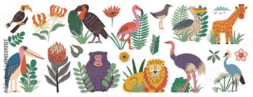 Vector collection of African wildlife, cute cartoon animals and birds such as lion and giraffe, monkey, flamingo, and ostrich isolated with tropical plants and flowers.