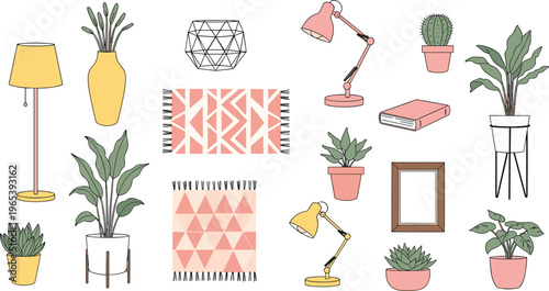Modern home decor collection featuring hand drawn vector flat illustrations of houseplants, desk lamps, floor lamps, patterned rugs, and decorative interior design elements set.