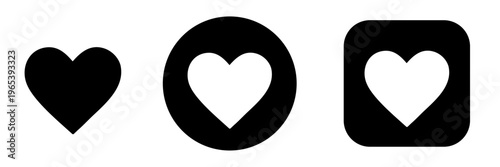 like and favorite buttons circle and square styles. Heart icon set for social media symbols, UI wish list app interface and web design systems
