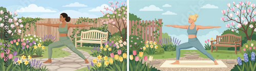 Spring Outdoor Yoga Garden Warrior Pose Woman Blooming Flowers Tulips Lavender Magnolia Wellness Illustration