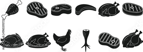 Raw meat and poultry black silhouette icons featuring beef steaks, whole roasted chicken, turkey, drumsticks, and hen for butchery and food design