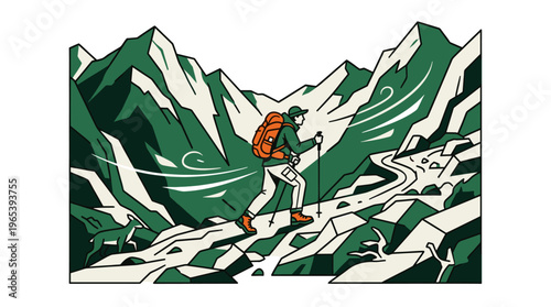 A stylized illustration depicts a solo hiker trekking up a winding path through dramatic green and cream mountains with bold black outlines, evoking adventure and exploration.