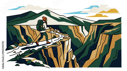 A stylized illustration of a woman hiking along a narrow path in a dramatic canyon landscape with mountains in the background, perfect for adventure or travel themes.