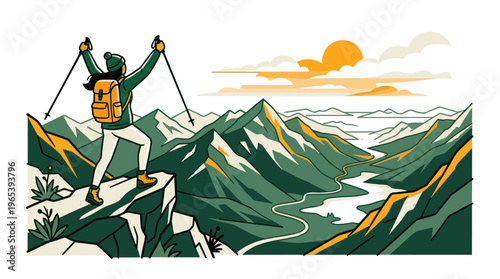 A stylized illustration shows a triumphant hiker with arms raised on a mountain peak overlooking a scenic valley with a winding river and sun.