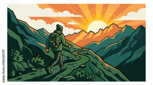 A lone hiker with a backpack walks a winding mountain path against a vibrant sunrise, evoking adventure and exploration.