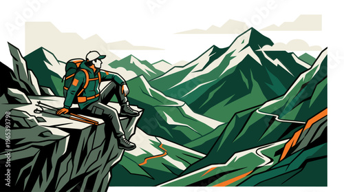 A person in outdoor gear sits on a rocky ledge, looking out at a vast mountain landscape with winding paths and green peaks, evoking a sense of adventure and tranquility.