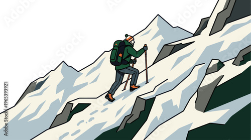 A stylized illustration depicts a lone hiker with trekking poles and a backpack ascending a snow-covered mountain slope, showcasing a sense of adventure and perseverance.