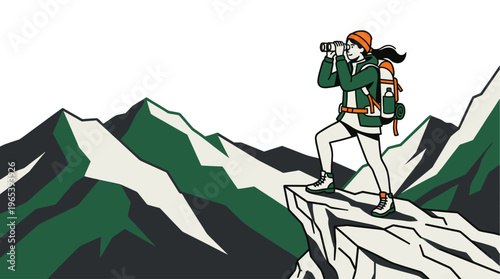 A stylized illustration shows a woman hiker on a rocky mountain peak, using binoculars to look out over a scenic mountain range.